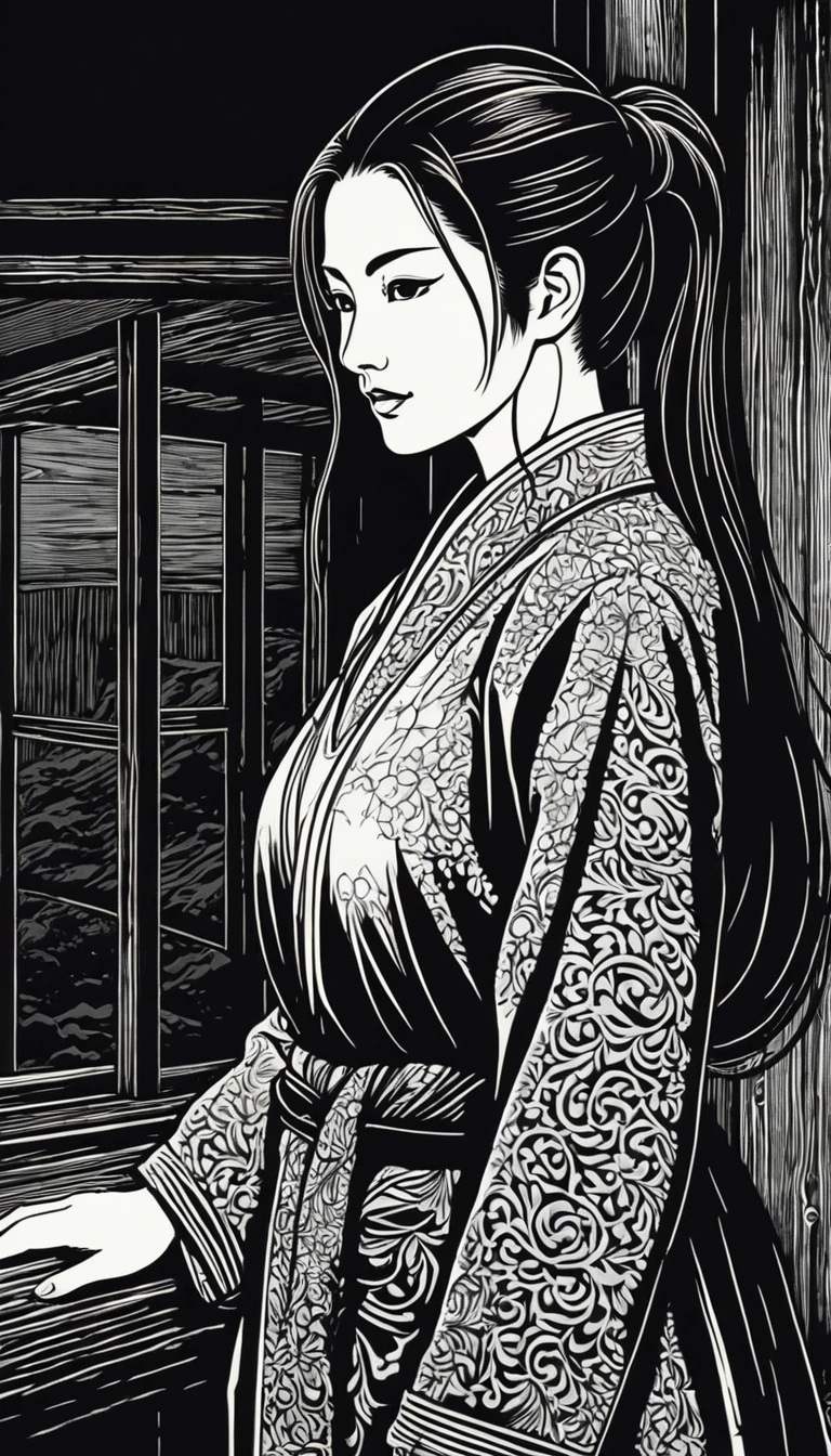 (Black and white woodcut:1.5)、(Second floor in black and white.)、foreground, dark and sinister atmosphere、profile face of a female doctor, long black hair, with long ponytail, huge breasts, wearing a long doctor&#39;s coat, next to a microscope in a chemical laboratory, smiling at the viewer, Mysterious、