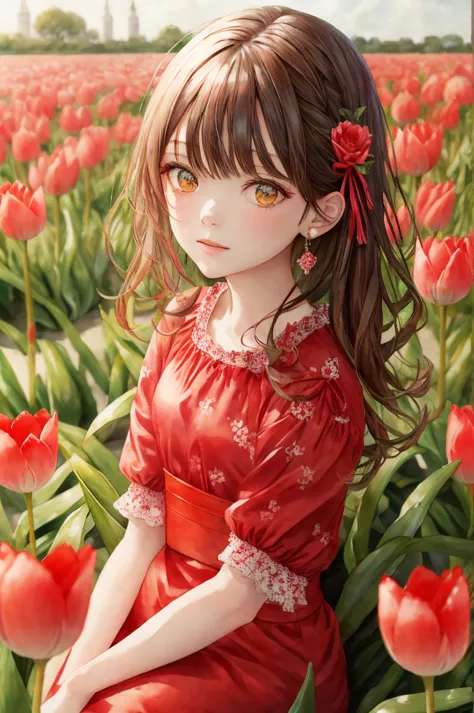 （Highest quality）（Masterpiece）（Detailed face）Girl sitting among red tulips
