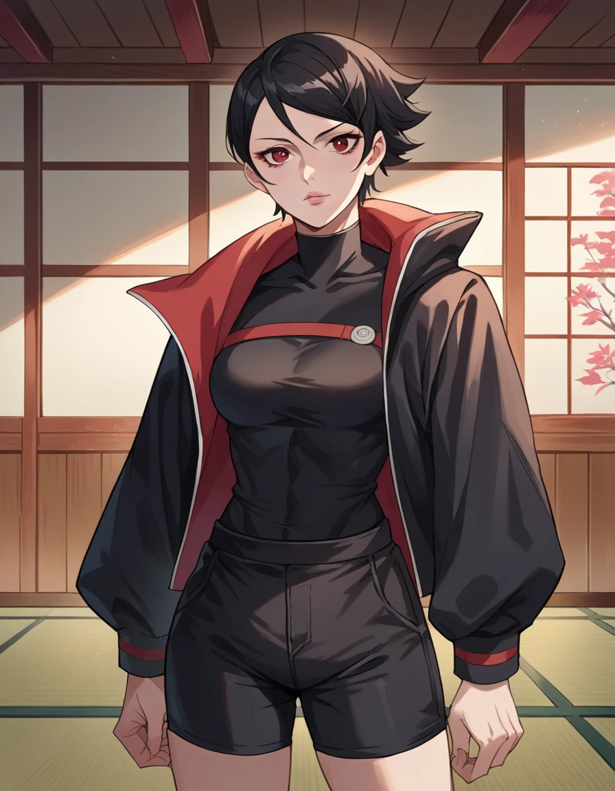 score_9, score_8_up, score_7_up, source_anime,
UchihaSarada, Uchiha Sarada, black short hair, red eyes, pink lips,
Black bomber, black tight top, black shorts,
indoors, dojo, seductive pose,
solo, looking at viewer, 