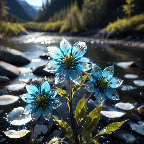 Cinematic still of a few beautiful pale blue glass flowers made out of glass in an Alaska River. Shallow depth of field, Vignett...