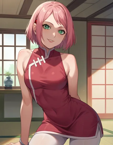 score_9, score_8_up, score_7_up, source_anime,
sakuraharuno, sakura haruno, pink short hair, green eyes, pink lips,
red tight dr...