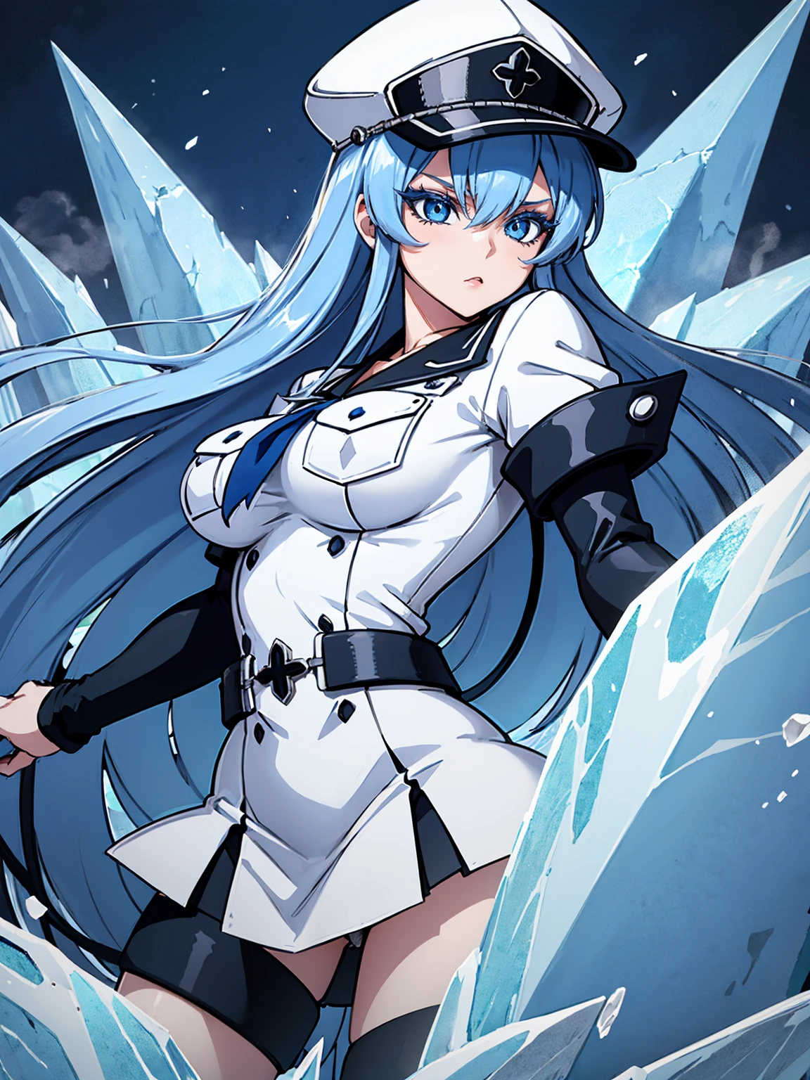 (artwork, best quality) a girl with long blue hair, blue eyes, blue eyelashes, white sailor suit with captain's hat, big breasts, perfect body, pretty eyes, good waist, tattoo, annoying, blowing cold steam, on an ice wall, ice spikes behind, at night