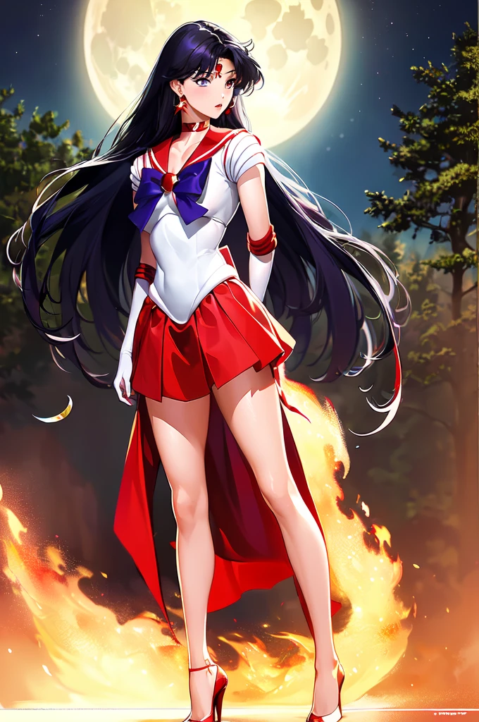 (solo, 1girl), (absurdres, highres, official wallpaper, poster), (masterpiece, best quality:1.2), (illustration, realistic), (perfect details, highest detailed, extreme detailed), dramatic light, ReiHino, (sailor mars, neck ribbon, long hair, circlet, jewelry, crescent earrings), (skirt, red dress, high heels), (standing), (full moon, forest, fire)