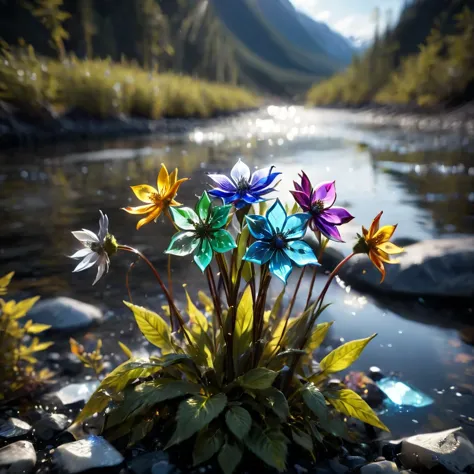 Cinematic still of a few beautiful pale rainbow color  glass flowers made out of glass in an Alaska River. Shallow depth of fiel...