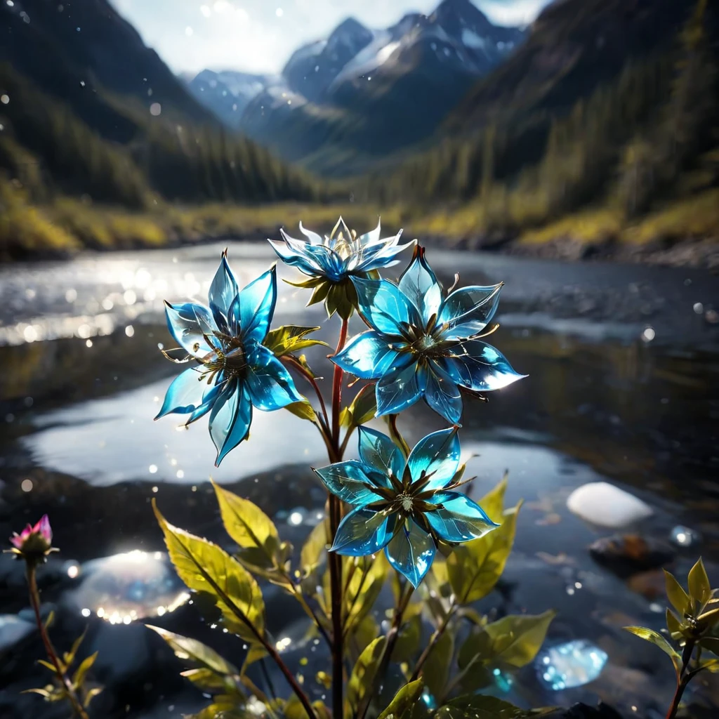 Cinematic still of a few beautiful pale rainbow color  glass flowers made out of glass in an Alaska River. Shallow depth of field, Vignette, Very detailed, High budget, bokeh, CinemaScope, Sulky, amazing, nice, Film Grain, Granular, Glass of Broken Glass, Breaking Glass, ,Glass of Broken Glass,Fragments are created_of_piece_broken_Glass of light and particles,   focus on flowers, strengthened