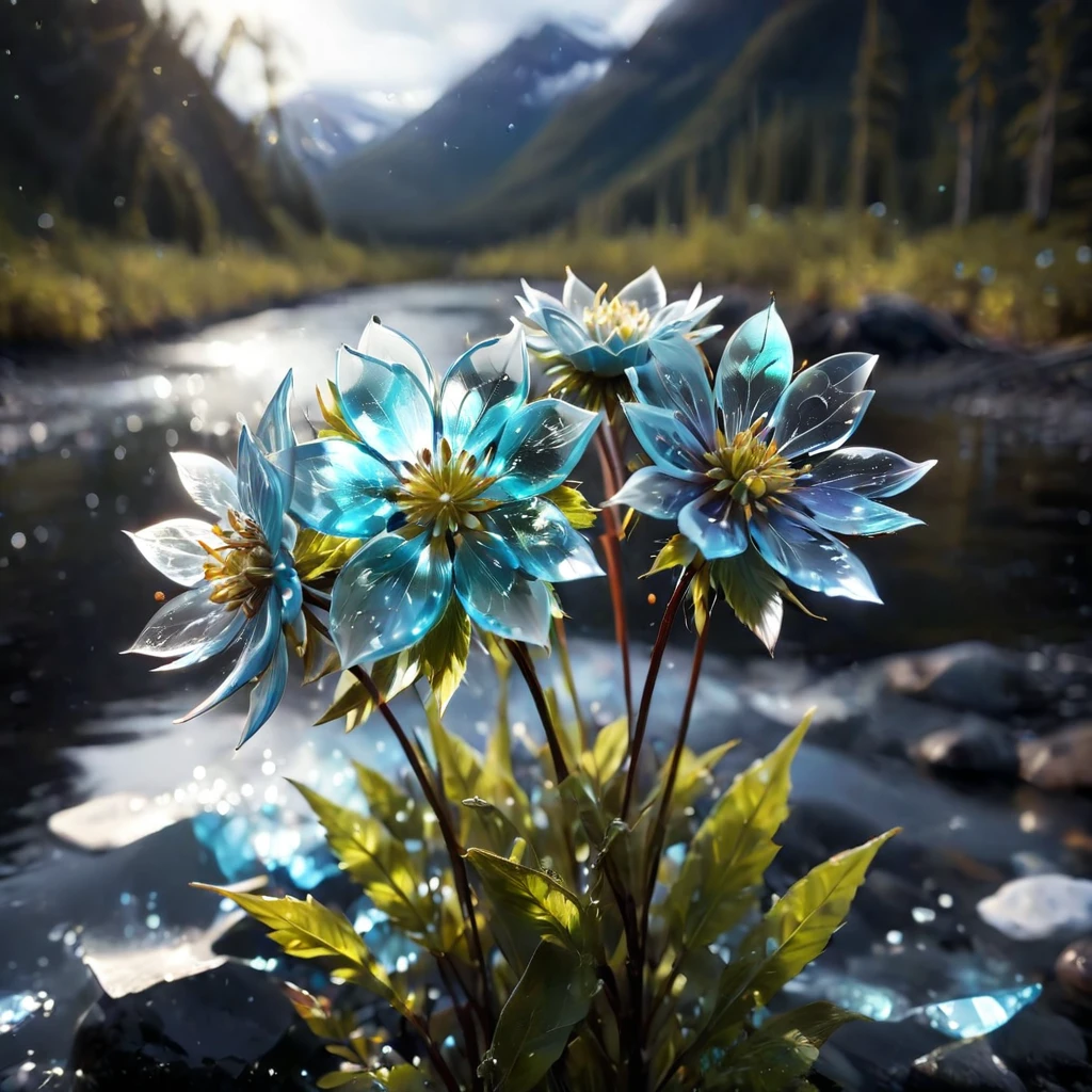 Cinematic still ของ a few beautiful pale rainbow color  glass flowers made out ของ glass in an Alaska River. Shallow depth ของ field, บทความสั้น, รายละเอียดมาก, งบประมาณสูง, โบเก้, กล้องถ่ายภาพยนตร์, บึ้งตึง, อัศจรรย์, ดี, เนื้อฟิล์ม, เป็นเม็ด, ガラスของ破片, กระจกแตก, ,ガラスของ破片,ชิ้นส่วนถูกสร้างขึ้น_ของ_ชิ้นส่วน_แตกหัก_ガラスของ光ของ粒子,   มุ่งเน้นไปที่ดอกไม้, เข้มแข็งขึ้น