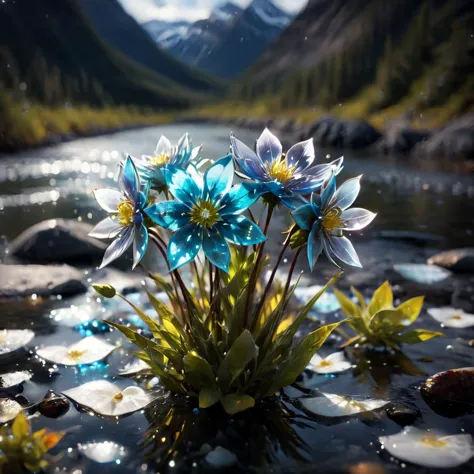 Cinematic still of a few beautiful pale rainbow color  glass flowers made out of glass in an Alaska River. Shallow depth of fiel...