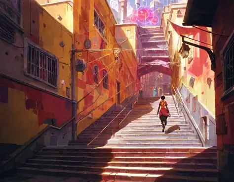 score_9, score_8_up, score_7_up, score_6_up, best aesthetic, arcane, a person walking down a stairway, long shot, concept art, c...