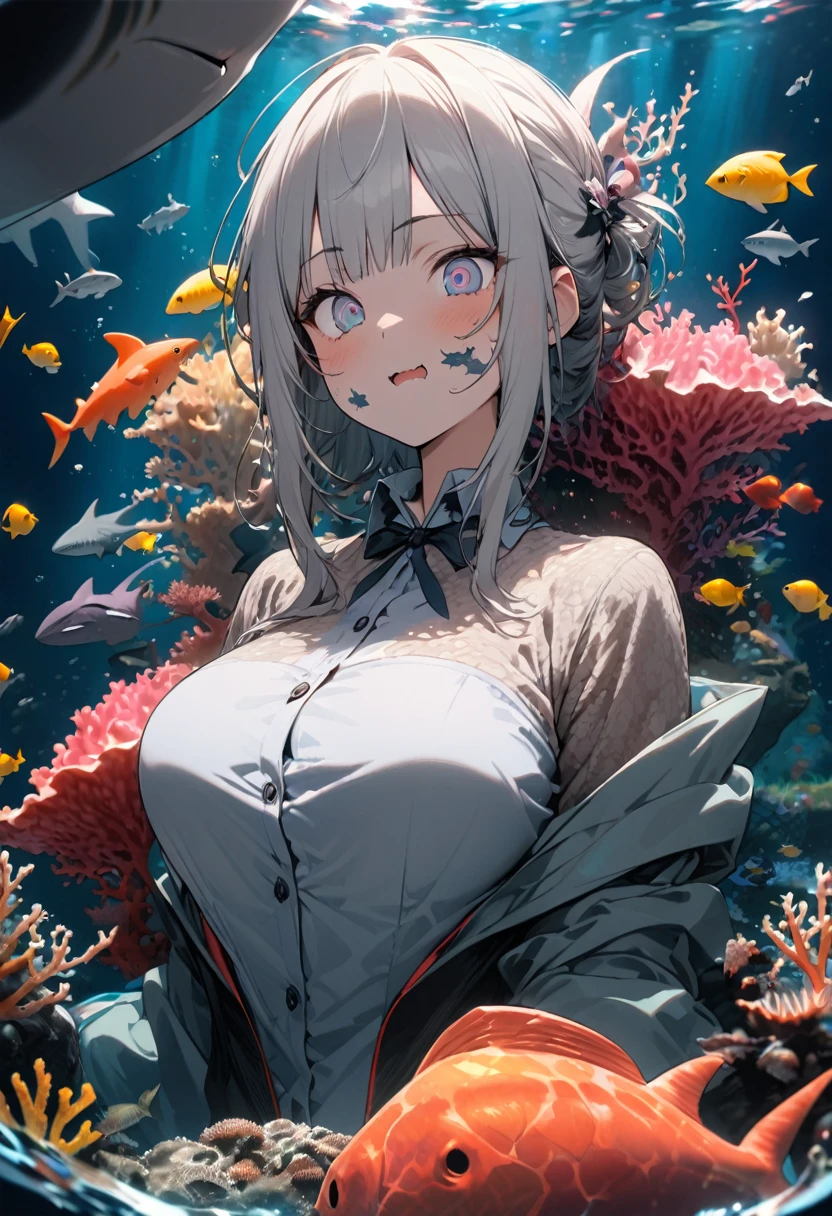 Highest quality, Super quality, 16K, Incredibly absurd, Very detailed, 2.5D, delicate and dynamic, aquarium, Large sink, Colorful Coral, Small faint light and small fish, shark, In the water, under the sea, , , , Small face, Extremely delicate facial expression, Delicate eye depiction, Upper body close-up, erotic, Monster, sole sexy shark, healthy shaped body, 22 years old, , 170cm tall, huge firm bouncing busts, 全身sharkのコスチューム, sharkの着ぐるみ, sharkの背びれ, sharkの頭の形の帽子, , , sharkと一緒に泳ぐ