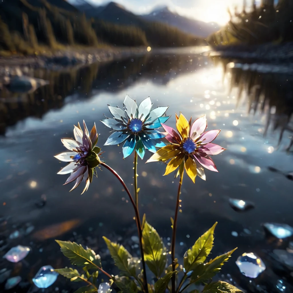 Cinematic still de a few beautiful pale rainbow gradation  glass flowers made out de glass in an Alaska River. Shallow depth de field, Viñeta, Muy detallado, alto presupuesto, bokeh, cinemascope, Malhumorado, Asombroso, lindo, grano de la película, Granular, ガラスde破片, Rompiendo vidrios, ,ガラスde破片,Se crean fragmentos_de_pedazo_roto_ガラスde光de粒子,   centrarse en las flores, fortificado