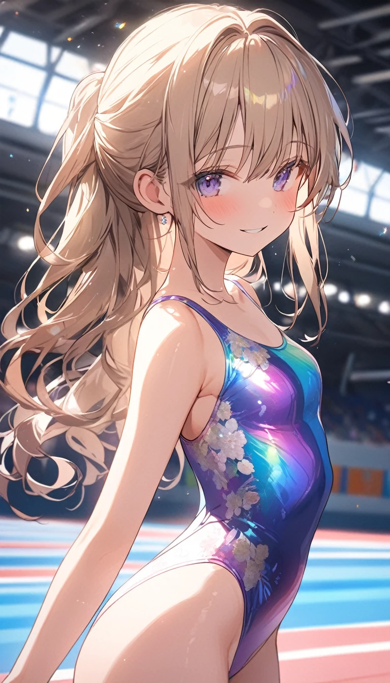 highquality illustration, masterpiece, very delicate and beautiful, attractive girl,(gymnastics leotard, Floral patterns leotard,long sleeve leotard with glittery decoration,high_leg leotard,athletic leotard,tight-fit leotard,iridescent gradient leotard,long-sleeve leotard),thin,slender body,slim,high school,gymnasium background,gymnastics club,gymnastics athlete,princess, beautiful eyes,light smile,(masterpiece, best quality:1.2), highres, extremely detailed CG unity 8k wallpaper, perfect lighting, Colourful, ultra-high res,4K,ultra-detailed, photography, 8K, HDR, 17 ages, full body,