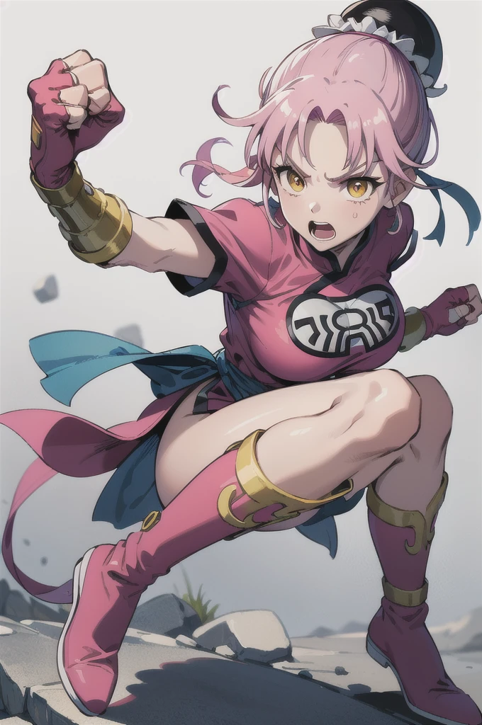 (masterpiece, best quality:1.1), (open mouth, clenched fist, action pose,:1.1), maam, dragon quest, 1girl, solo, big breasts:1.6, looking at viewer, short hair, pink hair, parted bang, (bun cover,:1.1) yellow eyes, fingerless gloves, pink gloves, chinese clothes, Red dress, ribbon, boots, white background 