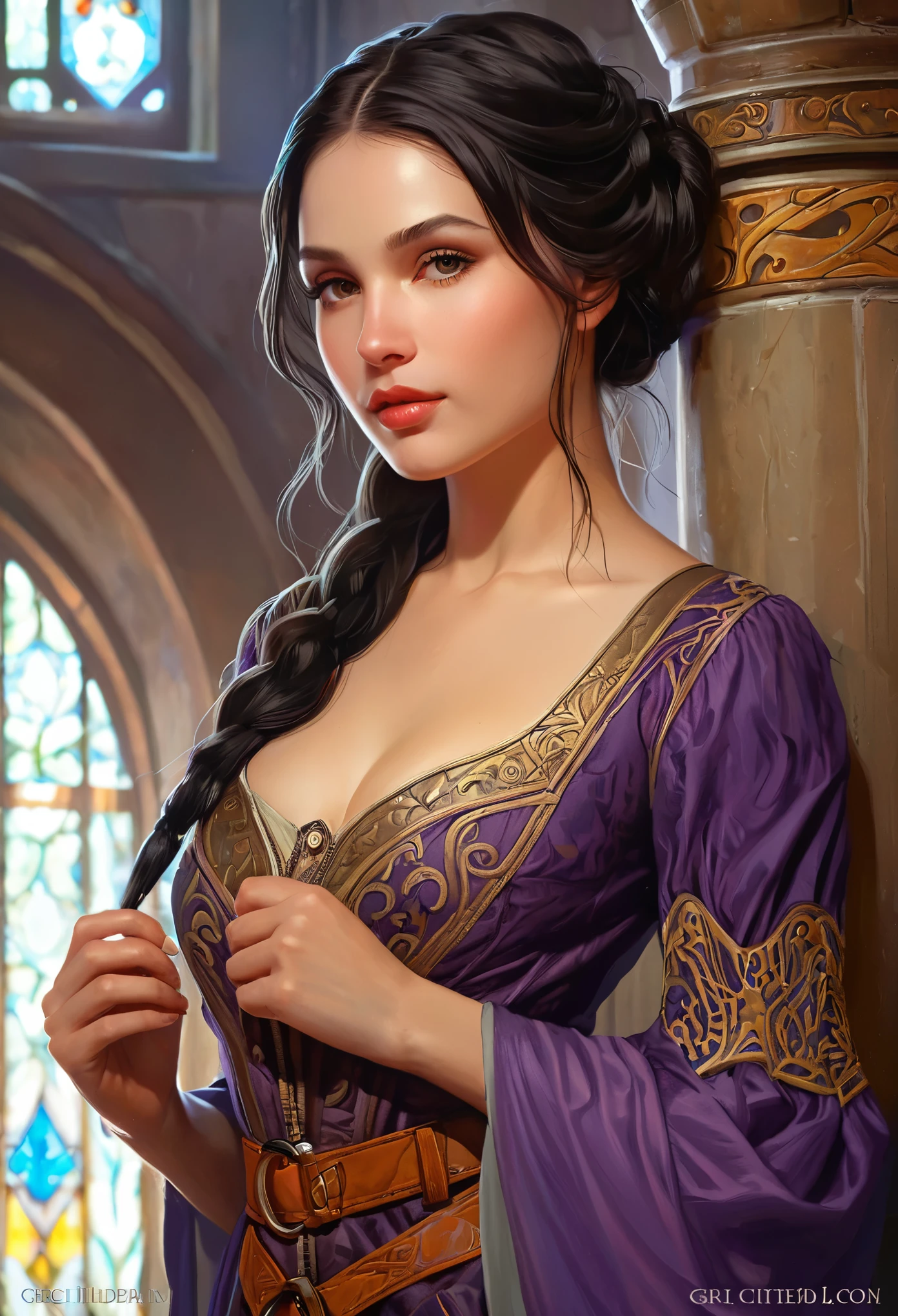 A detailed illustration of dark-haired beautiful girl in a medieval dress, Soft and bright, HD Art by Greg Hildebrand, Liu Citemar, Sejic Stepan, Sanyang, Aikut Aidgudu, Justin Gerard, Alphonse Mucha, art gelm, WLOP and Greg Rutkowski