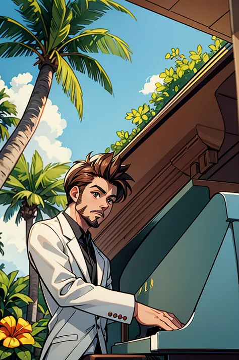 tree-lined tony stark wearing white tuxedo and havana hat, play piano, em um pub tropical, natta, 60s cartoon style, 8k