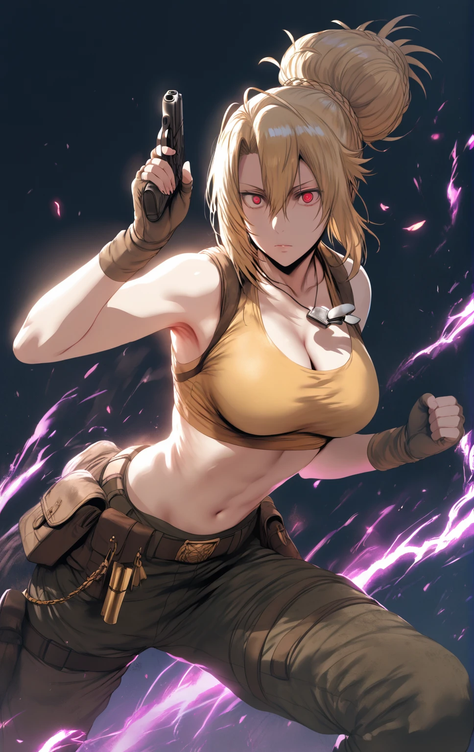 hews art style, score_9, score_8_up, score_7_up, score_6_up, uncensored, Angelica, blonde hair, braid, single hair bun, red eyes, BREAK (masterpiece:1.2), best quality, high resolution, (detailed eyes:1.3), perfect lighting, (perfect hands, perfect anatomy), large breasts, rating:safe, 1girl, gloves, solo, breasts, dog_tags, pants, belt, cleavage, navel, fighting_stance, midriff, military, crop_top, ribbon, looking_at_viewer, hollow eyes, expressionless, 