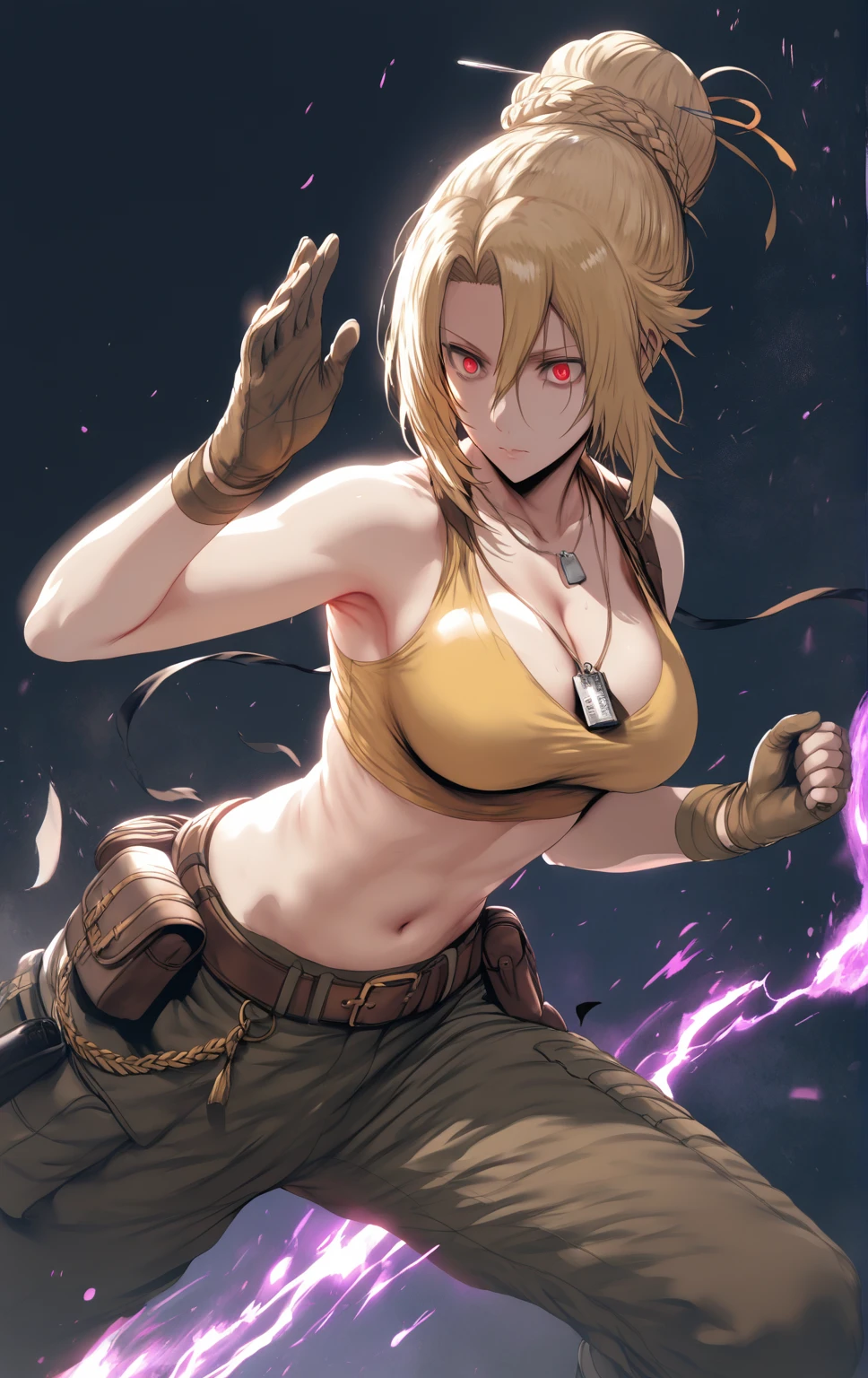 hews art style, score_9, score_8_up, score_7_up, score_6_up, uncensored, Angelica, blonde hair, braid, single hair bun, red eyes, BREAK (masterpiece:1.2), best quality, high resolution, (detailed eyes:1.3), perfect lighting, (perfect hands, perfect anatomy), large breasts, rating:safe, 1girl, gloves, solo, breasts, dog_tags, pants, belt, cleavage, navel, fighting_stance, midriff, military, crop_top, ribbon, looking_at_viewer, hollow eyes, expressionless, 