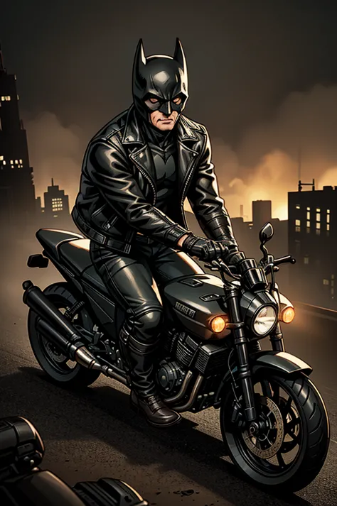 batman, wearing a leather jacket, riding a motorcycle on a post-apocalyptic dirt road in gotham city. digital art, dark atmosphe...