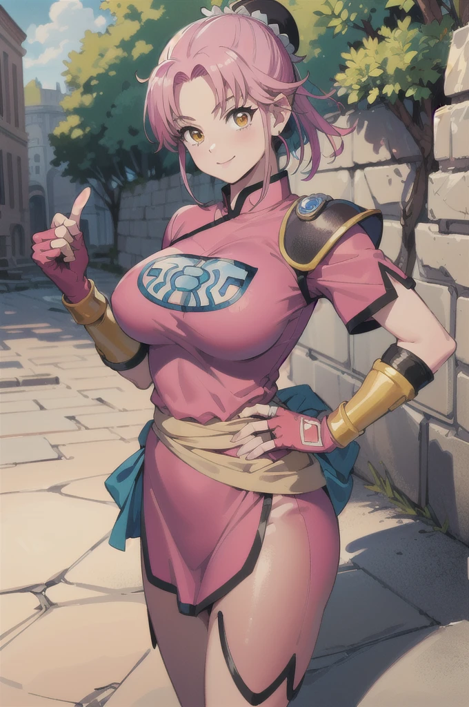 ((masterpiece, best quality:1.1), maam, dragon quest, 1girl,  solo, large breasts, fingerless gloves, pink gloves, fingerless gloves, pink gloves, chinese clothes, red dress, ribbon, pink hair, yellow eyes, Big Breasts:1.6, parted bang, bun cover, smile, hand on hip, coliseum 