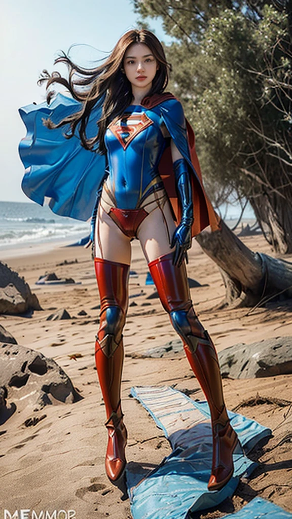 Masterpiece, best quality, NVIDIA RTX, 1girl, full makeups, extremely beautiful, longwavy hair, hair blown by winds, sharp picture, realistic face and skin details, cinematic lightning, facing camera, intricate details, ((Supergirl)), ((tight blue and red suit)), ((tight blue latex panties:1.3)), ((limbs armor:1.3)), ((wearing red tights on your beautiful legs:1.2)), ((Supergirl symbol)), ((cameltoe:1.4)), perfect face, proportional fit body, tall girl , (cape blown by strong winds:1.3), ((full body)), posing in the middle, symmetrical pose, ultra lights reflection, morning at the beach, from below