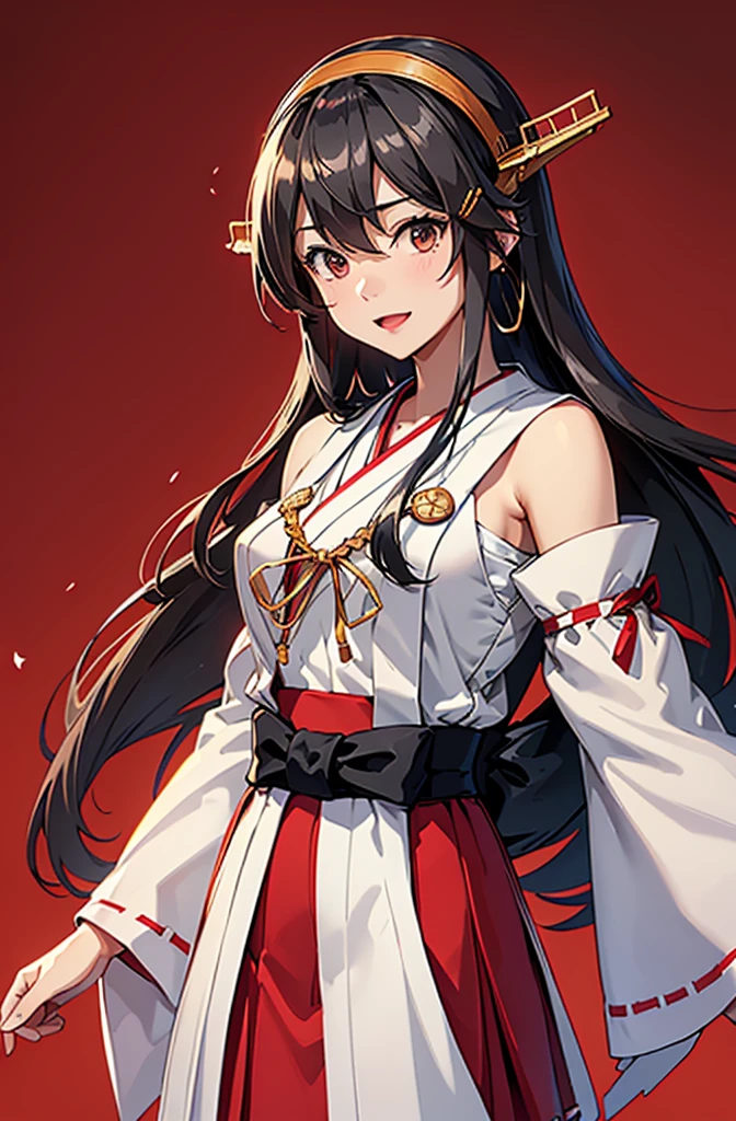 Highest quality, masterpiece, High resolution, 一人w, {Aaron_Kantai Collection:1.15}, black_hair, length_hair, hair_ornament, hairband, brown_eye, hairclip, red noodles, smile, Headgear, chest, Non-traditional_Shrwe maiden, hair_between_eye, One Girl, wdependent_sleeve, Japanese_Clothes, Lookwg_w_audience, red_skirt, ribbon-trimmed_sleeve, ribbon_trim, skirt, just_shoulder, Simple_background, white_background, Open_mouth, sarashi, Wide_sleeve, ((Office background, Living room background))
