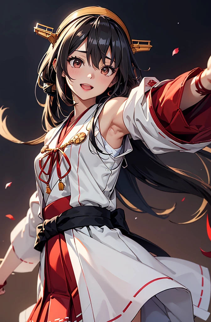 Highest quality, masterpiece, High resolution, 一人in, {Aaron_Kantai Collection:1.15}, black_hair, length_hair, hair_ornament, hairband, brown_eye, hairclip, red面, smile, headgear, chest, Non-traditional_Shrine maiden, hair_between_eye, One Girl, independent_sleeve, Japanese_Clothes, Looking_in_audience, red_skirt, ribbon-trimmed_sleeve, ribbon_trim, skirt, just_shoulder, Simple_background, white_background, Open_mouth, sarashi, wide_sleeve, ((オフィスbackground, リビングbackground))