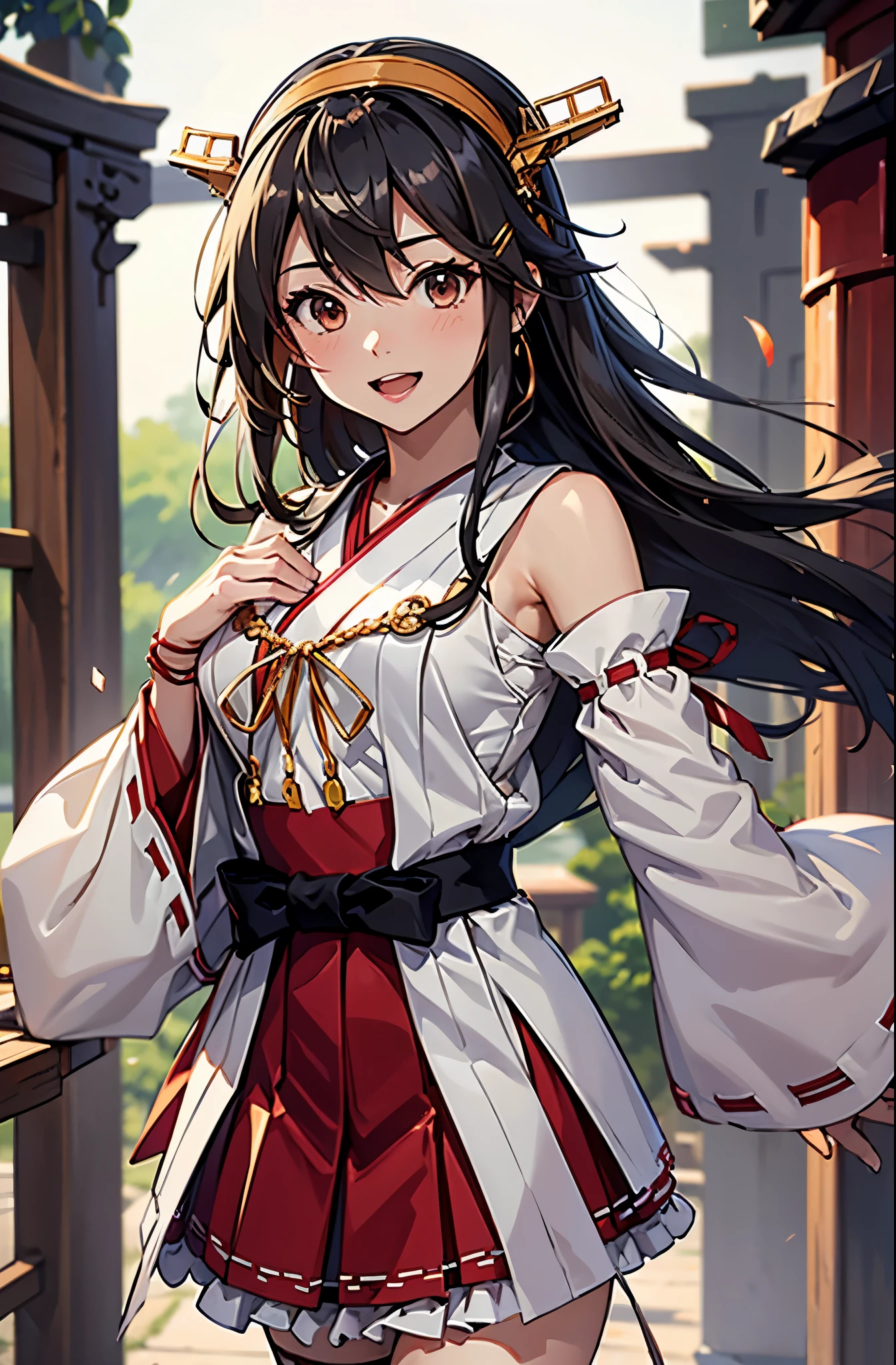 Highest quality, masterpiece, High resolution, 一人w, {Aaron_Kantai Collection:1.15}, black_hair, length_hair, hair_ornament, hairband, brown_eye, hairclip, red noodles, smile, Headgear, chest, Non-traditional_Shrwe maiden, hair_between_eye, One Girl, wdependent_sleeve, Japanese_Clothes, Lookwg_w_audience, red_skirt, ribbon-trimmed_sleeve, ribbon_trim, skirt, just_shoulder, Simple_background, white_background, Open_mouth, sarashi, Wide_sleeve, ((Office background, Living room background))