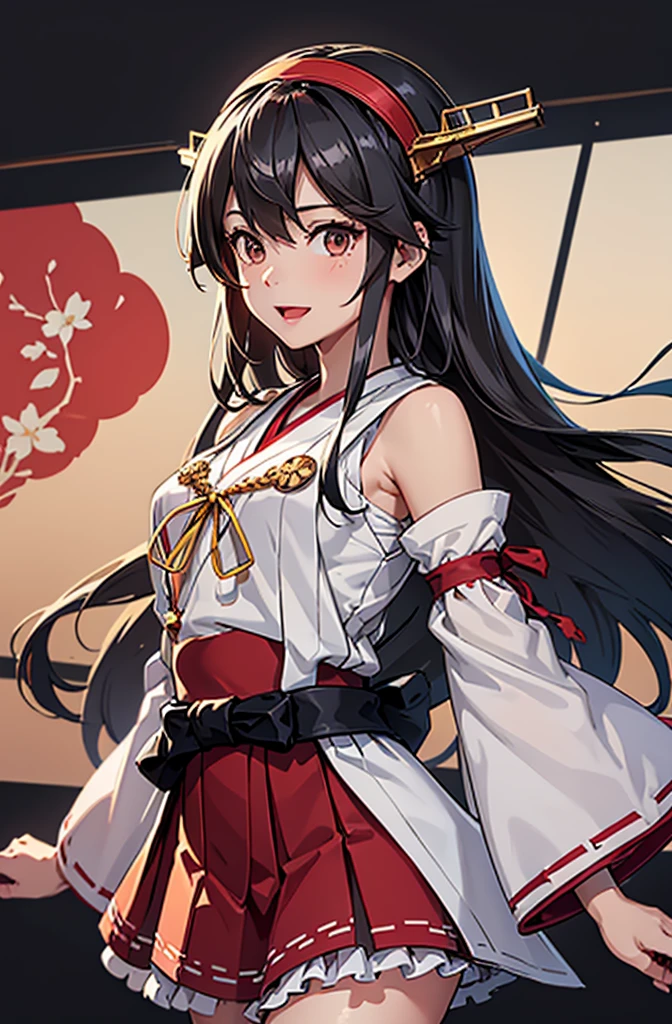 Highest quality, masterpiece, High resolution, 一人in, {Aaron_Kantai Collection:1.15}, black_hair, length_hair, hair_ornament, hairband, brown_eye, hairclip, red面, smile, headgear, chest, Non-traditional_Shrine maiden, hair_between_eye, One Girl, independent_sleeve, Japanese_Clothes, Looking_in_audience, red_skirt, ribbon-trimmed_sleeve, ribbon_trim, skirt, just_shoulder, Simple_background, white_background, Open_mouth, sarashi, wide_sleeve, ((オフィスbackground, リビングbackground))