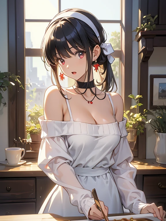 masterpiece, yor, 1girl, Amazing Cleavage:1.3, thin waist, big ass, Raised sexy, medium breast: 1.8 posed cleavage:1.2、solo, looking at viewer, open mouth, have a cup of coffee,black hair, red eyes, dress, bare shoulders, jewelry, collarbone, sidelocks, hairband, earrings, indoors, off shoulder, :o, sweater, arms behind back, plant, short hair with long locks, white hairband, off-shoulder dress, sweater dress, off-shoulder sweater, red sweater, big side hair, very long side hair,is rendered in (masterpiece: 1.2, best quality), with (ultra high resolution) and an exquisite (depth of field). This masterpiece is not only visually stunning but also tells, make of cake cooking ,in the kitchen
