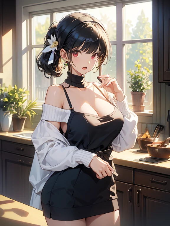 masterpiece, yor, 1girl, Amazing Cleavage:1.3, thin waist, big ass, Raised sexy, medium breast: 1.8 posed cleavage:1.2、solo, looking at viewer, open mouth, have a cup of coffee,black hair, red eyes, dress, bare shoulders, jewelry, collarbone, sidelocks, hairband, earrings, indoors, off shoulder, :o, sweater, arms behind back, plant, short hair with long locks, white hairband, off-shoulder dress, sweater dress, off-shoulder sweater, red sweater, big side hair, very long side hair,is rendered in (masterpiece: 1.2, best quality), with (ultra high resolution) and an exquisite (depth of field). This masterpiece is not only visually stunning but also tells, make of cake cooking ,in the kitchen
