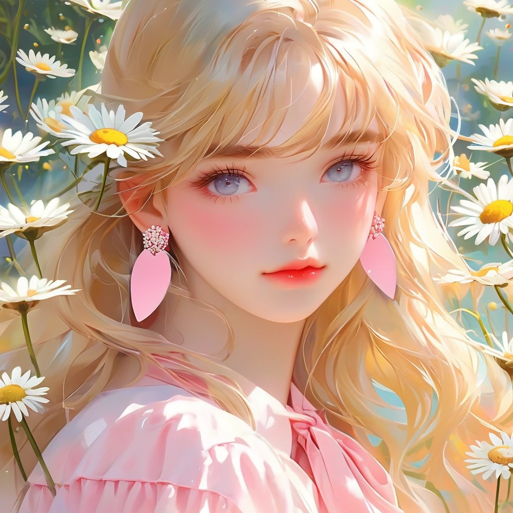 close up face,highest quality,glossy effect,prism lens effect,kawaii cute girl, blonde pink long hair, earrings, collar, (highly fashion white clothes), (Delicate hair depiction), (Delicate pink eyes), (delicate features), alone, (small daisies), Portrait depiction, solid color background, broken state