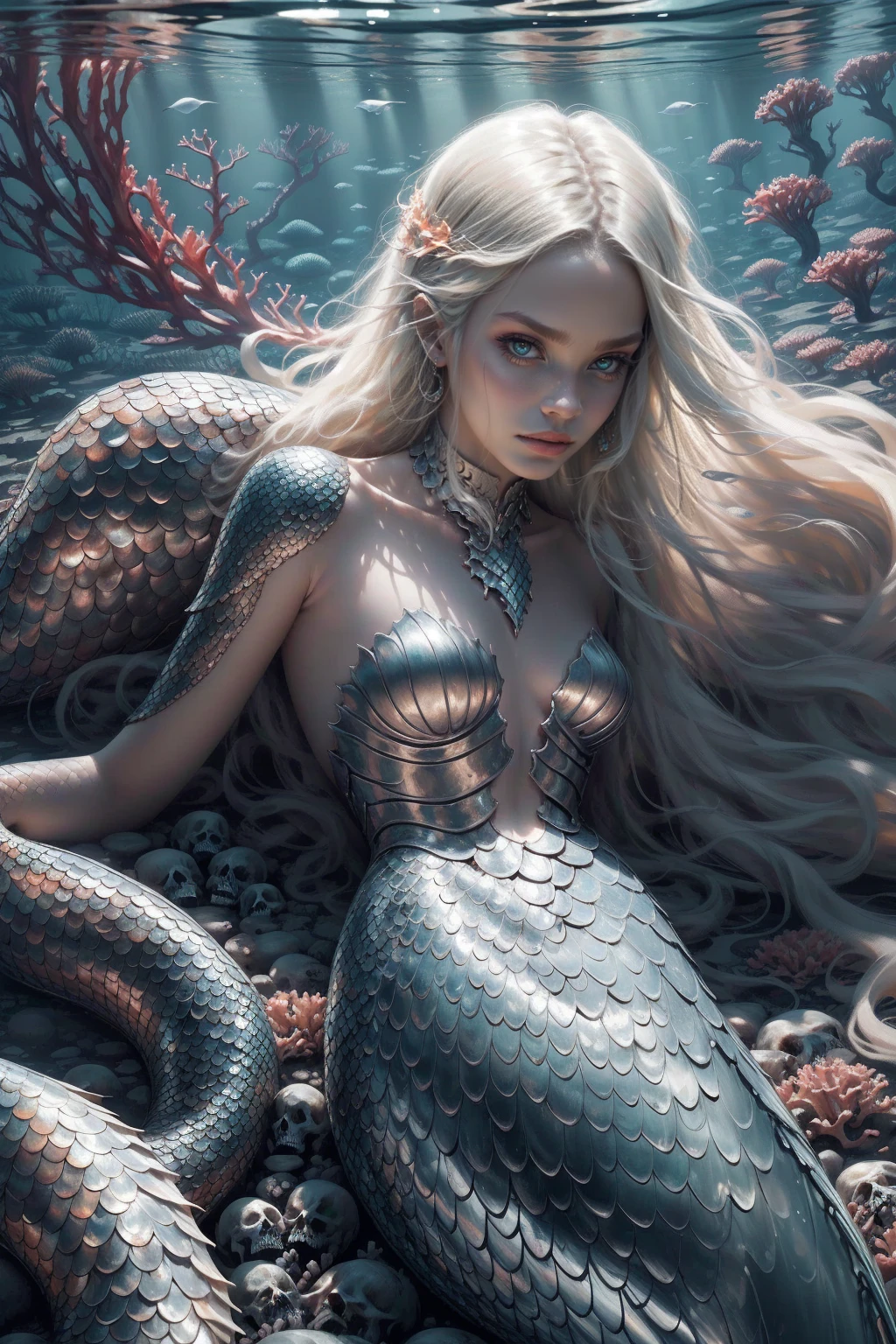 {-erro_de_anatomia:1.0}  woman 30 years old, underwater, skeleton, corpse,Under the sea, where coral tendrils and vines abound, a woman (mermaid), long blond hair (blond hair) looks at you amidst a pile of bones and skulls. Indifferent look , merciless. Lying among the skulls. 