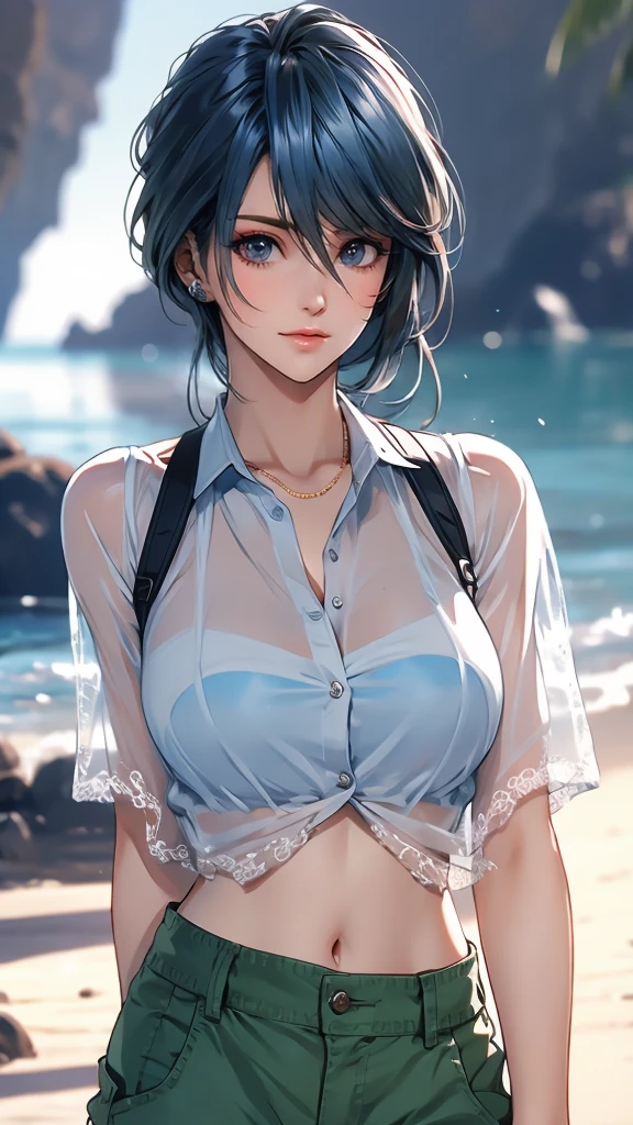 1 Female, Tamaki, hair between eyes, (detailed eyes:1.3), White see-through shirt, cargo pants