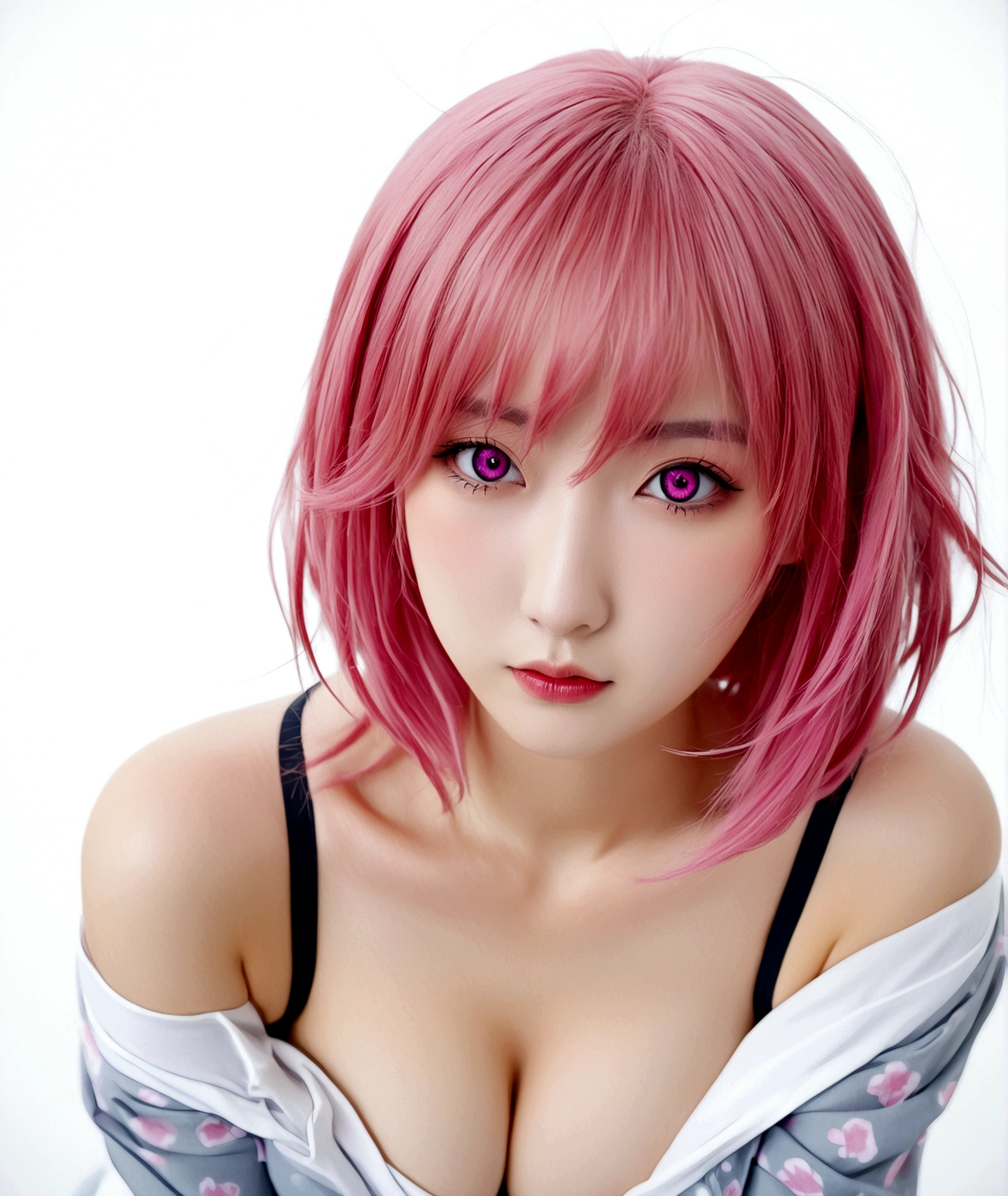 1girl, solo, breasts, looking at viewer, blush, short hair, simple background, shirt, white background, cleavage, medium breasts, upper body, pink hair, pink eyes, off shoulder, hair twirling, saigyouji yuyuko, momo velia deviluke