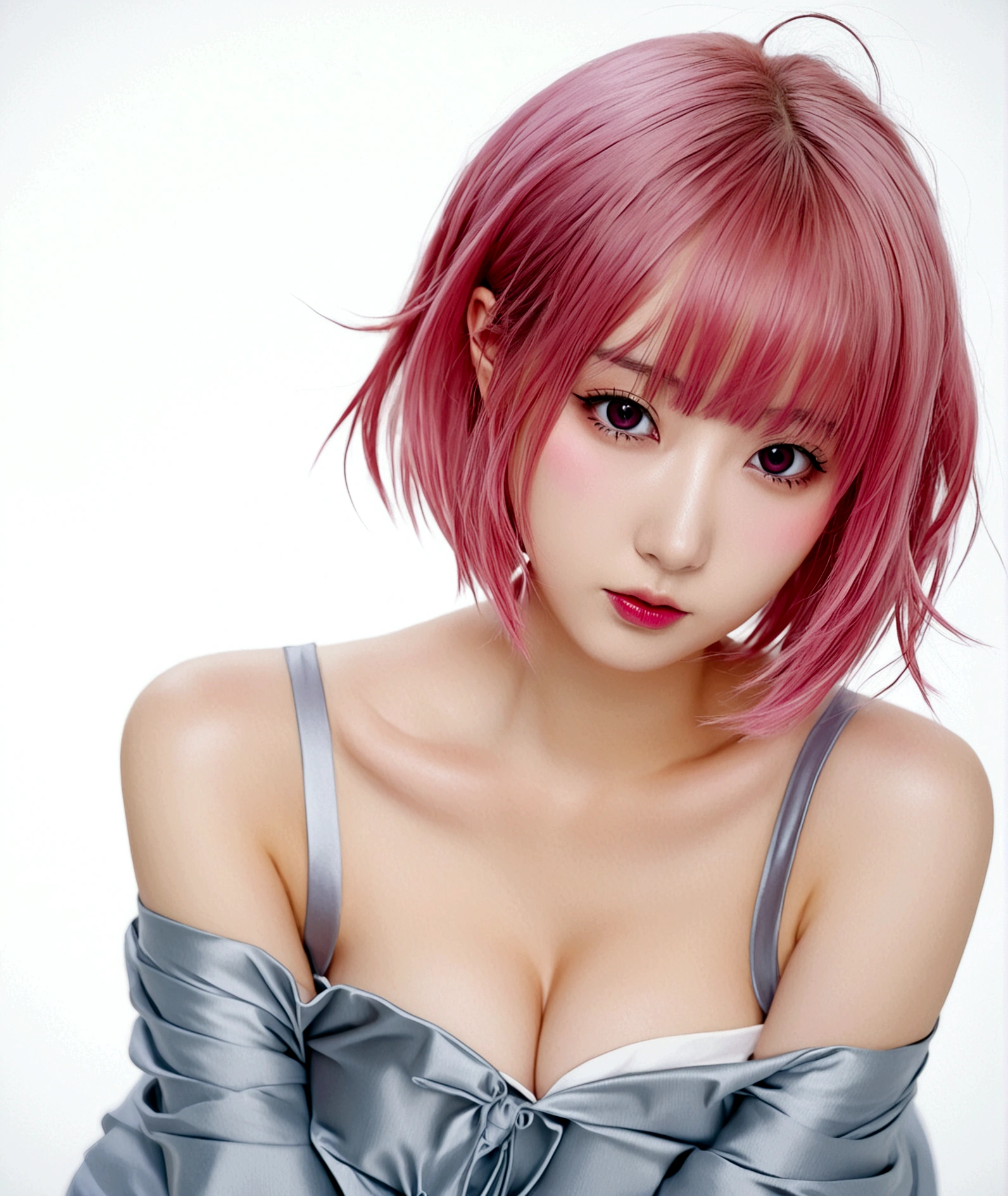 1girl, solo, breasts, looking at viewer, blush, short hair, simple background, shirt, white background, cleavage, medium breasts, upper body, pink hair, pink eyes, off shoulder, hair twirling, saigyouji yuyuko, momo velia deviluke