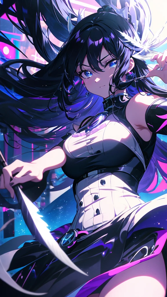 best quality, extremely detailed, anime style adult 1girl, long hair down to the waist, straight hair, ((dark black hair with bluish)),crown braid,beautiful detailed eyes, pinched eyes, dark blue eyes, huge breasts,curvy,(((white main black cyberpunk and magical dress))),longskirt,((feather accessory)),magical girl,light smile,((amusement park)),animation cap,animated gif,in precure style