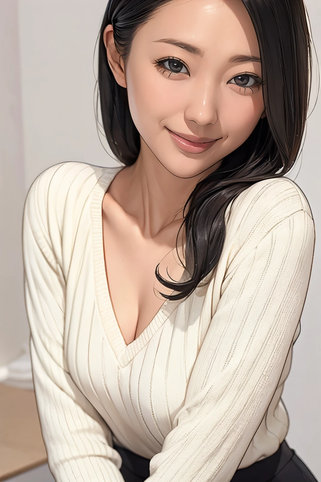 Highest quality、Tabletop、Best image quality、Award-winning works)、 pretty girl、(Elegant V-neck knit sweater:1.3)、Perfect girl portrait photo、Glowing Skin、Standing Elegantly、(The simplest blurry background:1.1)、Radiant Skin、smile、Small cleavage、(Close-up of face:1.1)