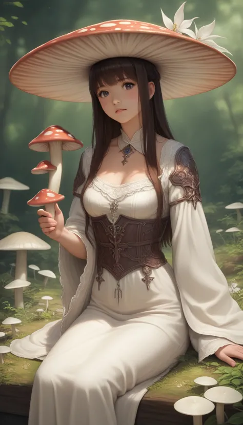 un primer plano de una mujer sentada sobre un hongo con un sombrero de hongo puesto, 2. 5 d cgi ilustración de fantasía de anime...