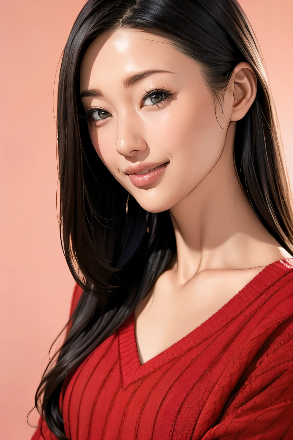 Highest quality、Tabletop、Best image quality、Award-winning works)、 pretty girl、(Elegant red V-neck knit sweater:1.3)、Perfect girl portrait photo、Glowing Skin、Standing Elegantly、(The most elegant and simple blurred background:1.1)、Radiant Skin、smile、Small cleavage、(Close-up of face:1.1)