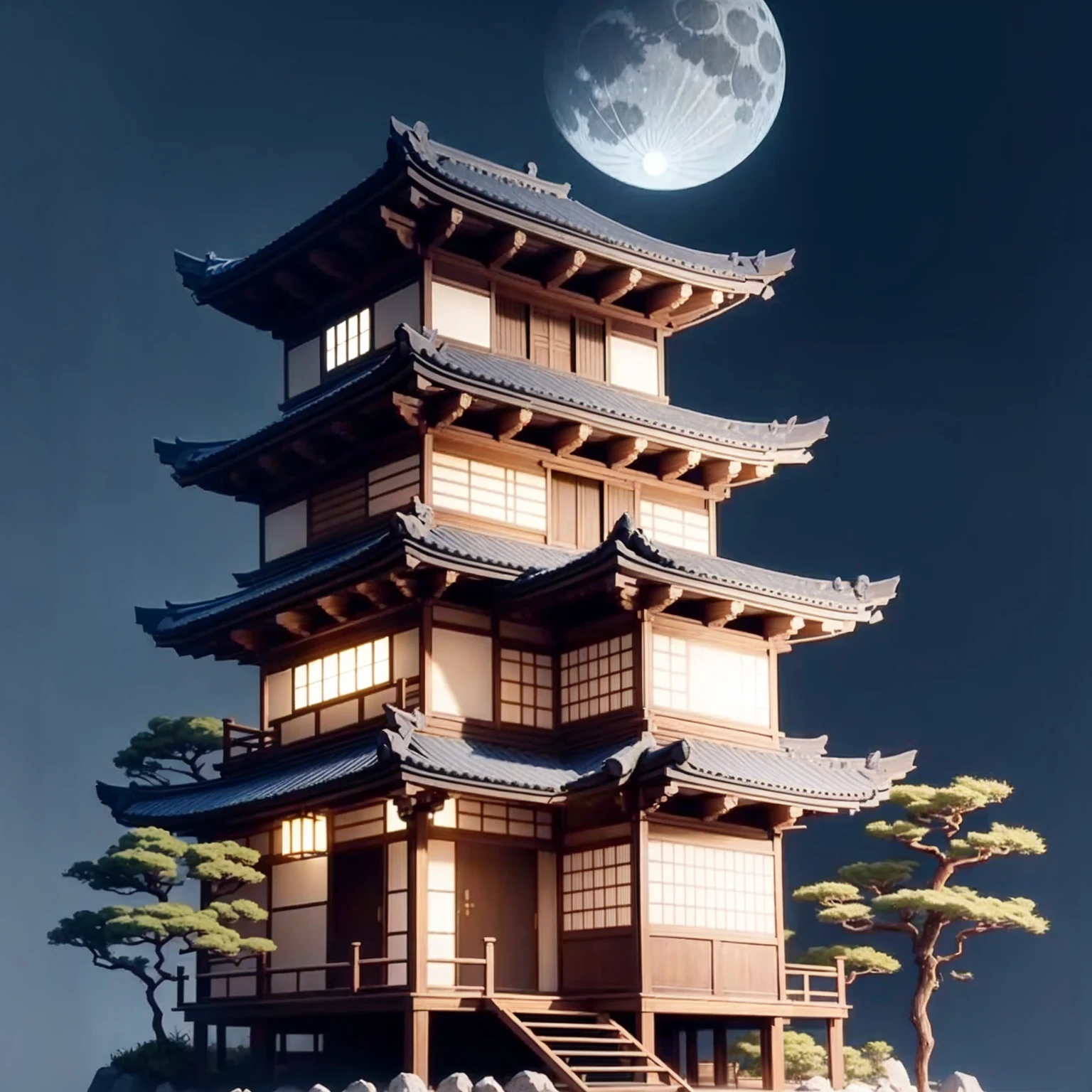 Dark blue background, Japanese Pagoda; Japanese landscape ; Japanese architecture ; Japanese garden ;full moon; nighttime; Japanese pine trees; serene; Fibonacci, golden ratio, color, passion, incredibly detailed, 8k, masterpiece, artstation, surreal