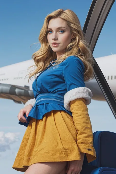 realistic ,beautiful young women, european women with blondie hairs and blue eyes  ,dress, flying airbus a380