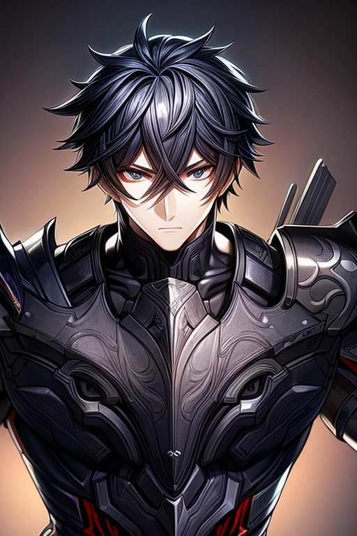 (work of art, best qualityer, face perfect, expressive eyes), Black Knight Armor, black leather cover, details Intricate, black breastplate, a male anime,single character, short black hair with white highlights, barba, visual novel sprite, detailed black armor, high qualiy, cinematic, dramatic pose, details Intricate, swirly vibrant colors, work of art, impacto genshin. 