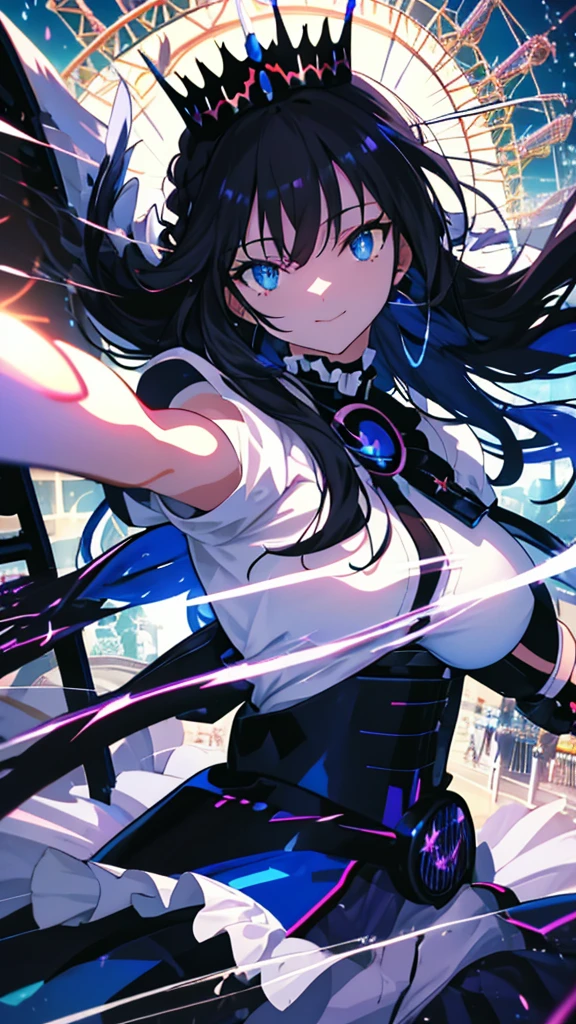 best quality, extremely detailed, anime style adult 1girl, long hair down to the waist, straight hair, ((dark black hair with bluish)),crown braid,beautiful detailed eyes, pinched eyes, dark blue eyes, huge breasts,curvy,(((white main black cyberpunk and magical frill dress))),longskirt,((feather accessory)),magical girl,((((light smile)))),((((amusement park)))),animation cap,animated gif,