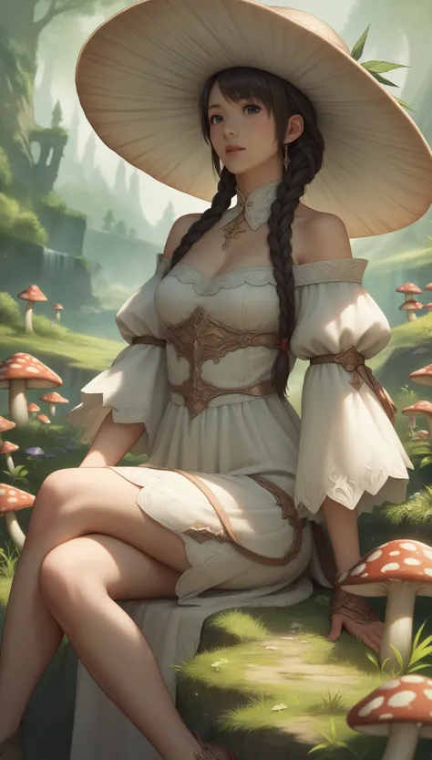 a closeup of a woman sitting on a mushroom with a mushroom hat on, 2. 5 d cgi anime fantasy illustrations, anime fantasy illustr...