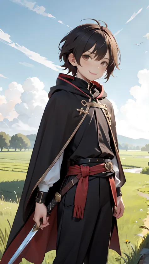 man, short brown hair, brown eyes, handsome, smirk, wearing a black-red cloak, and black clothes, sword on his waist, white skin...