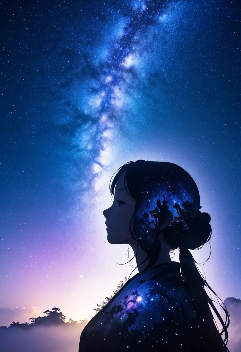  mate piece, silhouette, Milky Way, Orihime's, close-up, profile, monotony, moon, double exposure, Milky Way, Tanabata decoration, depth of field, (holographic glow effect), from below, low angle shot, masterpiece,