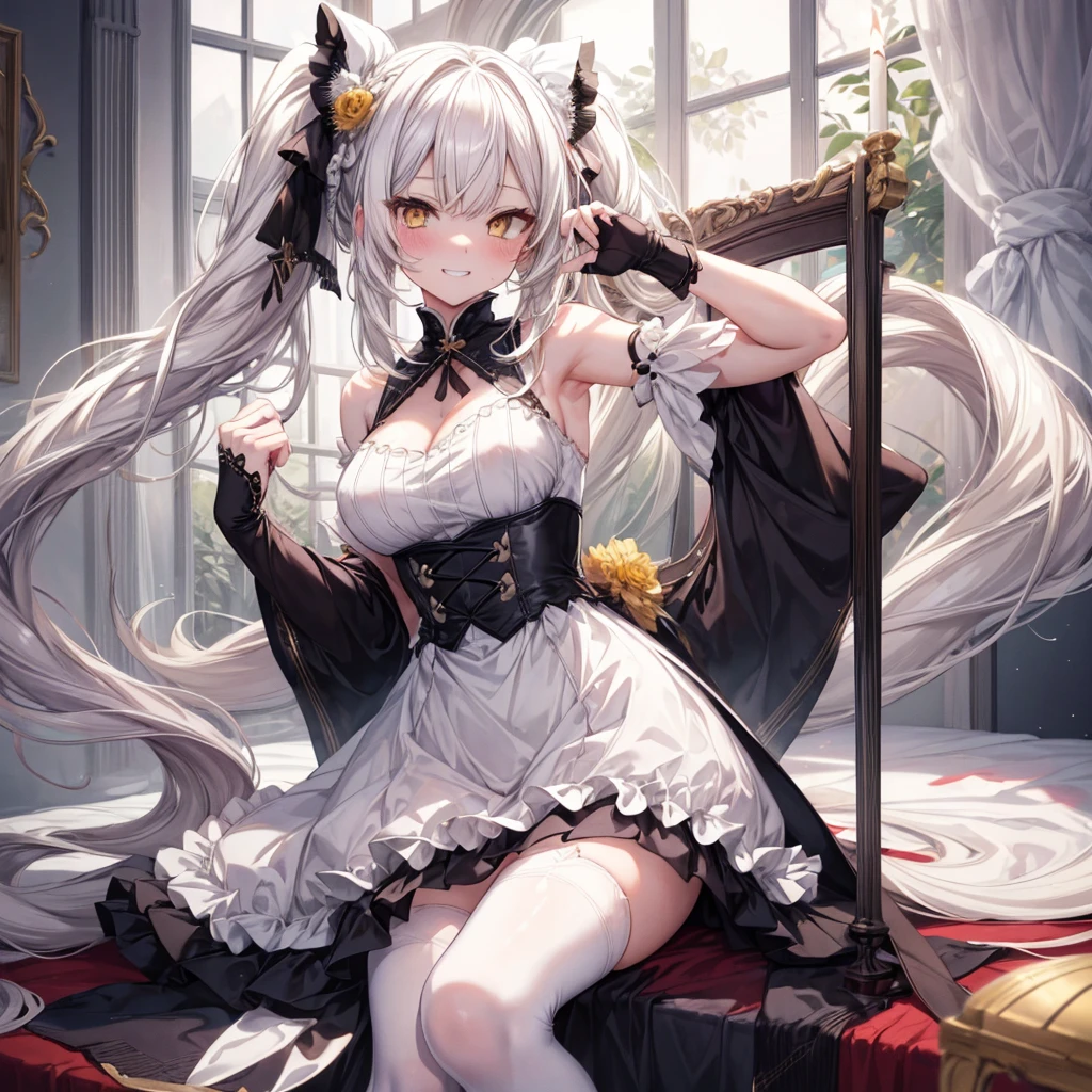 ((Highest quality)), ((masterpiece)), (detailed), there is a sexy girl with white hair and white eyes in a dress, 1girl, 独奏, large breasts, long hair, thighhighs, yellow eyes, looking at viewer, twintails, dress, blush, evil grin, aroused, bare shoulders, bedroom