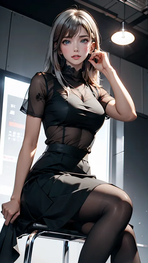 Wearing a black dress and sitting on a chair, Korean female fashion model, Transparent grey skirt, mesh shirt, Chrome Clothing, ...