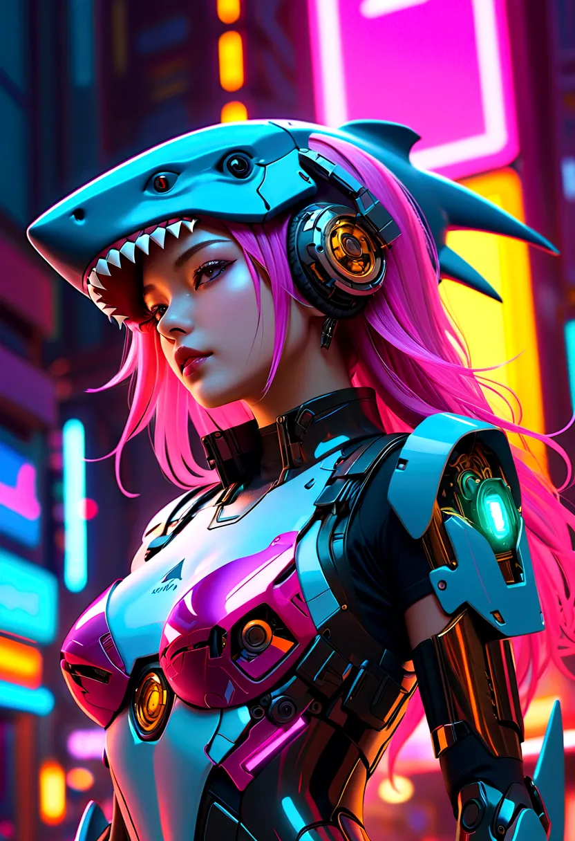 Cyberpunk girl wearing a shark head mecha