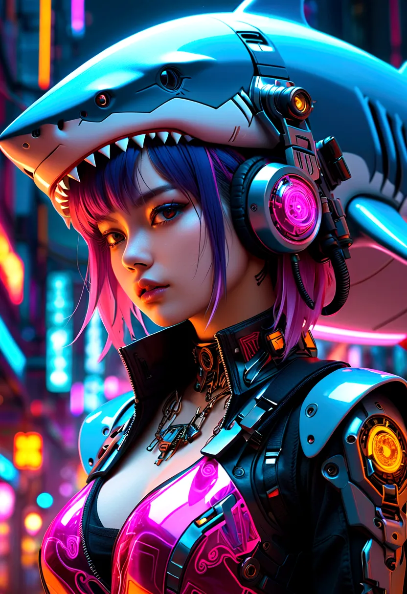 Cyberpunk girl wearing a shark head mecha