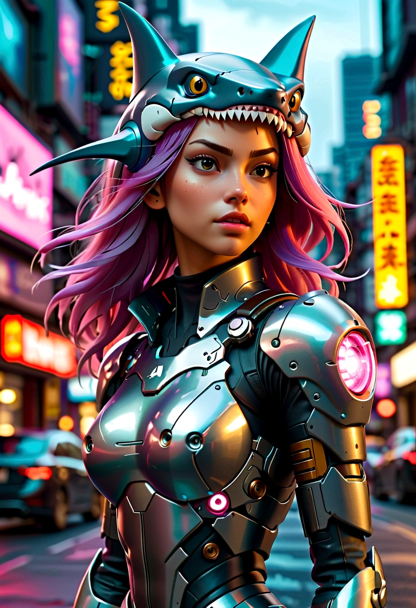 Cyberpunk girl usando uma mecha com cabeça de tubarão